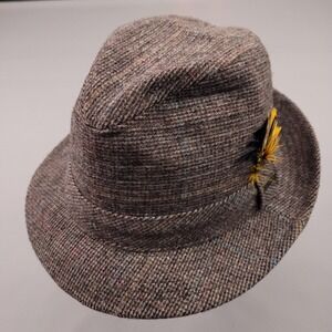 Kangol Hat Fedora Fitted Mens Medium Gray Brown Tweed Plaid Wool Made USA Trilby